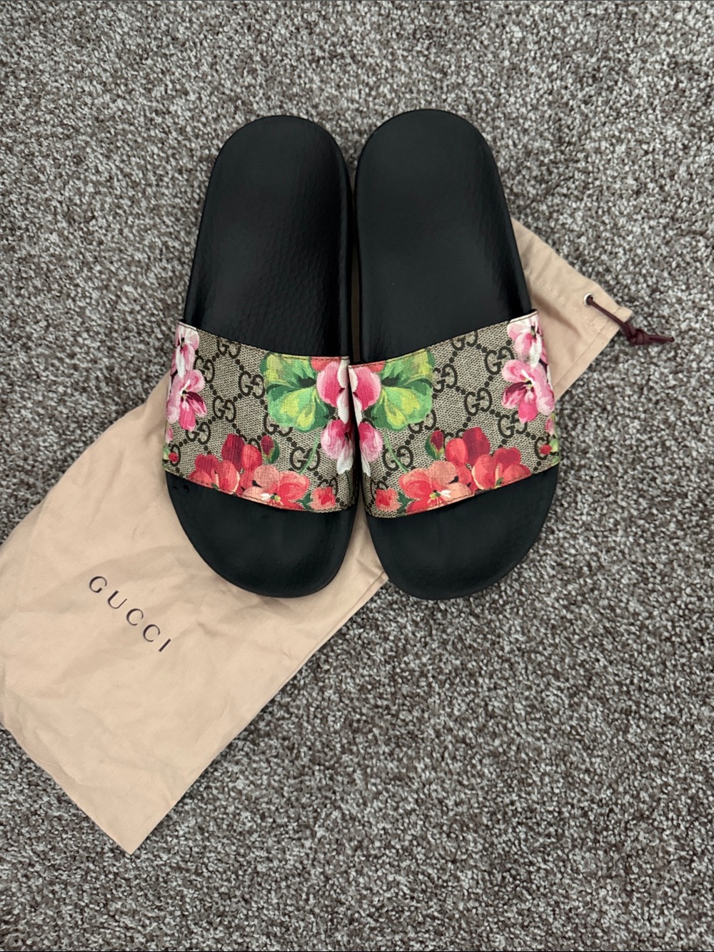 Gucci Black Slide Sandals with Floral GG Canvas Strap